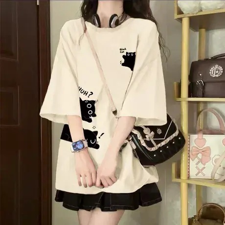 卡通特大码300斤胖妹妹美式学院风短袖t恤女夏季宽松休闲半袖上衣商品大图