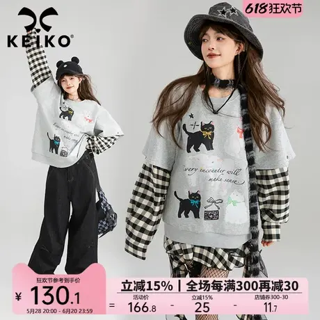 KEIKO 美式假两件拼接袖卫衣女25早春萌猫印花宽松灰色圆领上衣商品大图