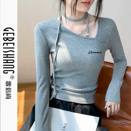 韩版斜领辣妹正肩长袖t恤女2024秋季新款纯欲风修身显瘦内搭上衣商品大图