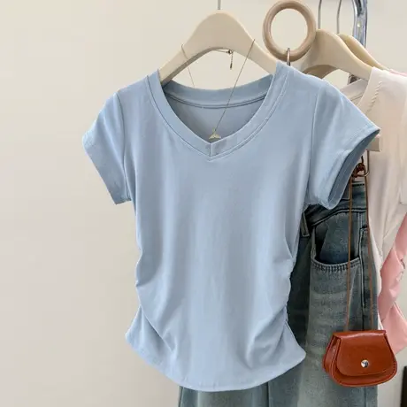 韩系chic甜辣褶皱收腰短袖T恤女夏季修身韩版短款正肩V领上衣半袖图片