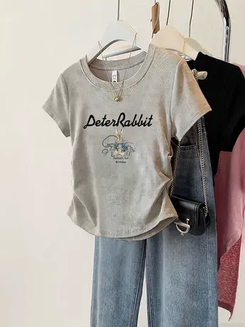 正肩短款t恤女夏欧货大码收腰高级感短袖ins潮辣妹修身别致小上衣商品大图