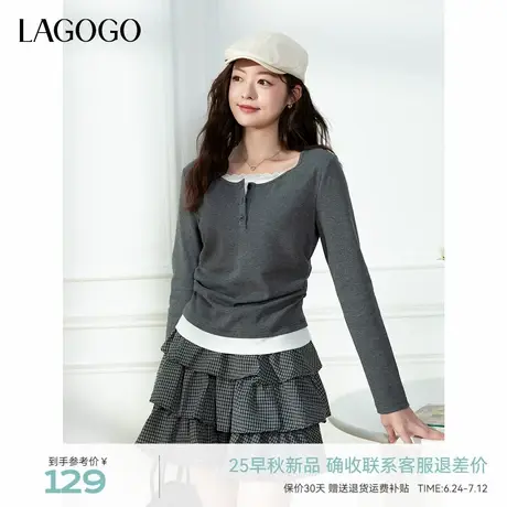 LAGOGO假两件掐腰显瘦蕾丝T恤女拉谷谷2025年秋新款灰色长袖上衣商品大图
