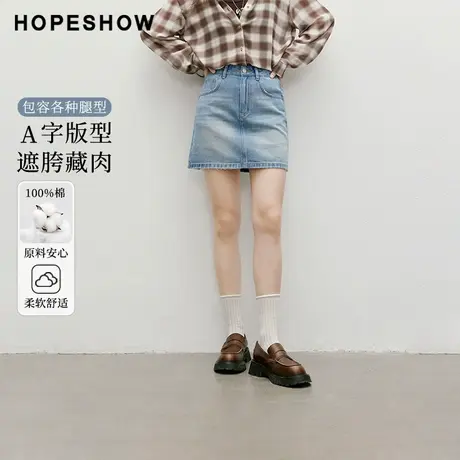 红袖2025秋季新款女装100棉复古水洗做旧磨边插袋A字短裙商品大图