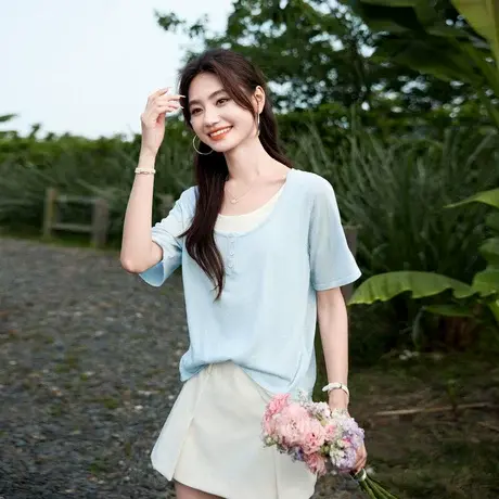 时尚气质针织衫2024年夏季新款女休闲百搭宽松拼接假两件短袖上衣商品大图