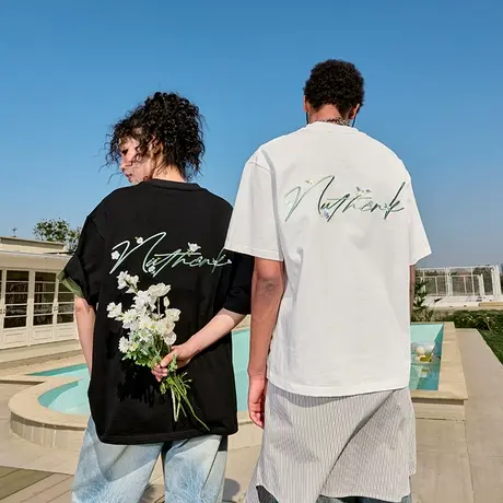 Nuthink重磅刺绣短袖T恤花卉情侣字母美式潮牌宽松男女2025夏新款图片