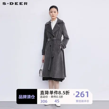 sdeer圣迪奥女装时尚翻领收腰灯芯绒长款大衣S223Z1861图片