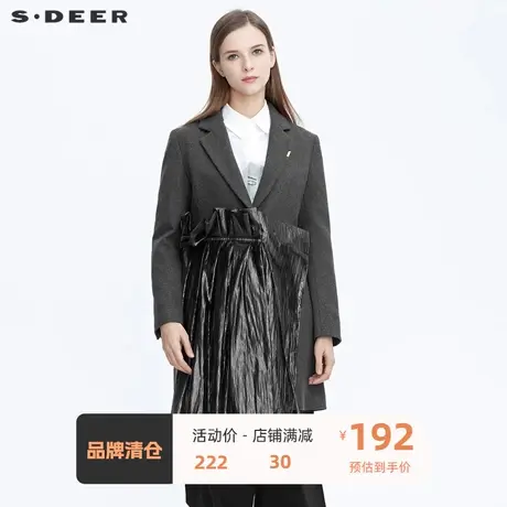 sdeer圣迪奥女装大衣外套休闲平驳领抽褶拼接毛呢风衣冬S20481707图片