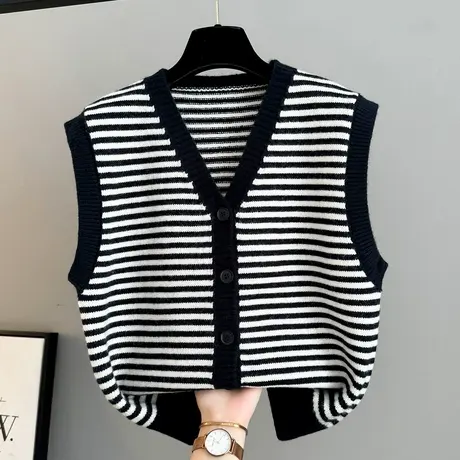 条纹撞色V领毛衣马甲针织开衫背心外套女复古秋季新款设计感上衣商品大图