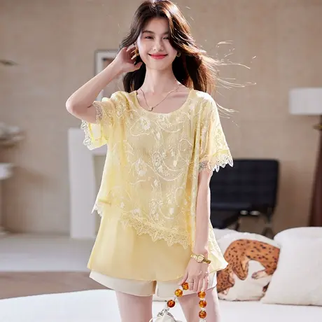 宝诗黎圆领蕾丝拼接短袖上衣2025夏季设计感气质百搭雪纺衬衣女图片
