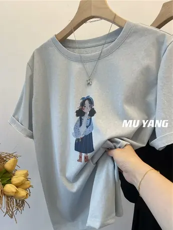 韩国卷发小女生印花短袖T恤女2024夏季新款薄款雪花棉百搭上衣tee商品大图