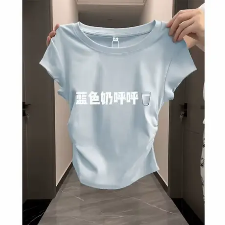 纯欲风性感褶皱短袖T恤女夏季修身显瘦内搭短款打底小衫半袖上衣商品大图