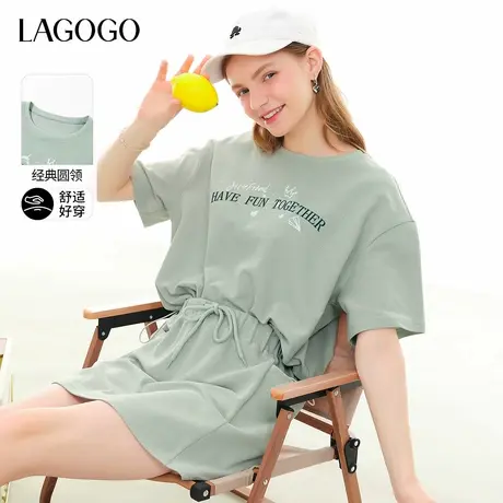 LAGOGO圆领印花T恤纯色显瘦半身裙女拉谷谷夏季新款元气休闲套装商品大图