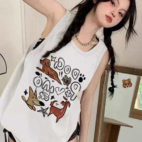 纯棉港风吊带运动坎肩背心无袖t恤女夏季外穿高级感宽松挂脖上衣图片