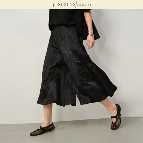 GL2025夏季新款八分裤女慵懒风压褶阔腿裤松紧腰休闲裤女02425042商品大图