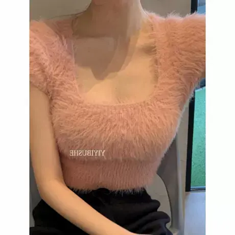 现货 东大门GO363 性感方领低胸显身材短袖毛绒绒针织衫图片
