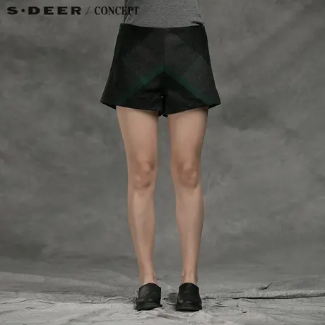 sdeer圣迪奥女装暗色调格纹毛呢短裤S15480910👚商品大图