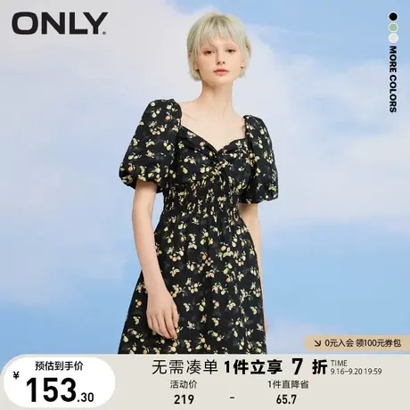 ONLY奥莱夏季设计感V领收腰高腰泡泡袖短连衣裙女图片