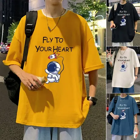 潮牌短袖t恤男2025新款夏季宽松落肩纯棉体恤ins运动卡通半袖上衣商品大图