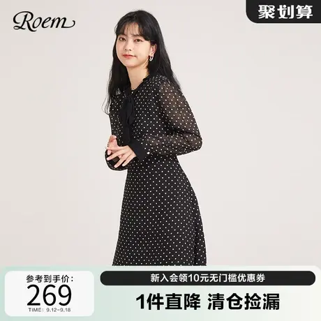 ROEM商场同款连衣裙中长款秋新品波点收腰裙子气质显瘦裙子女商品大图