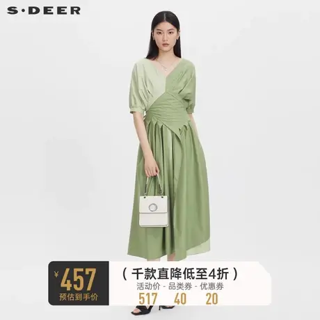 sdeer圣迪奥女装V领撞色泡泡袖雪纺连衣裙S232Z12N6🍹商品大图