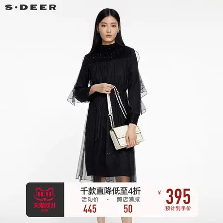 sdeer圣迪奥女装圆领荷叶边收腰网纱连衣裙S231Z1219🈁商品大图