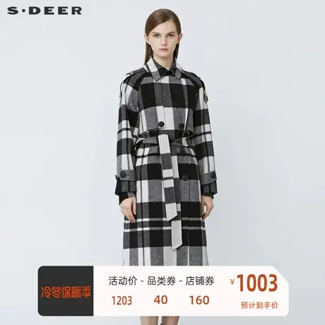 sdeer圣迪奥女装复古翻领撞色格纹收腰毛呢大衣S21481818🐑商品大图