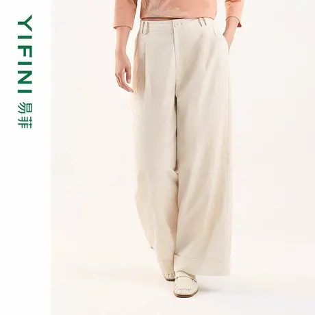 [专柜同款]Yifini/易菲平纹麻混纺垂坠感宽松阔腿裤显瘦休闲裤女商品大图