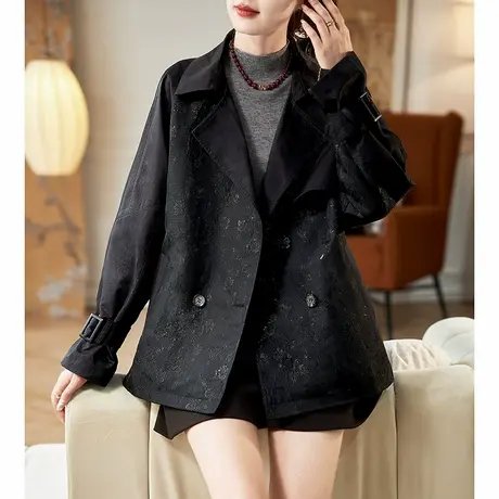 宝诗黎翻领提花拼接短款黑色风衣2025春季设计感宽松百搭外套女商品大图