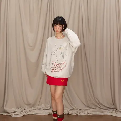 YEP复古卡通印花圆领卫衣女早秋新款美式潮牌宽松套头无帽上衣潮商品大图