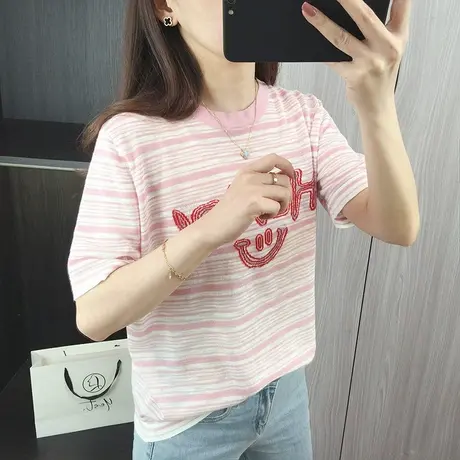 条纹薄款短袖T恤新款上衣女夏季2024新款时尚字母宽松百搭针织衫商品大图