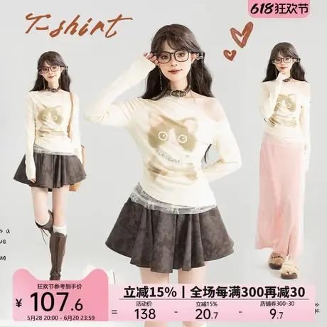 KEIKO 萌猫印花斜肩t恤女25春夏甜辣妹轻纱拼接显瘦短款长袖上衣图片
