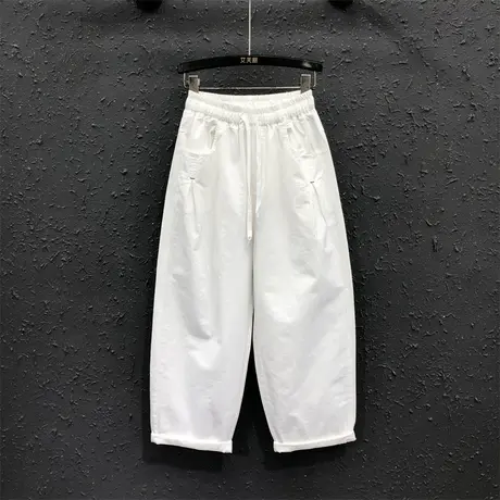 韩版白色简约休闲九分裤女春夏新款抽绳松紧腰宽松显瘦老爹哈伦裤商品大图