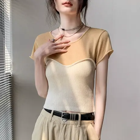 假两件短袖针织t恤女2025春夏新款独特修身显瘦短款正肩拼接上衣图片