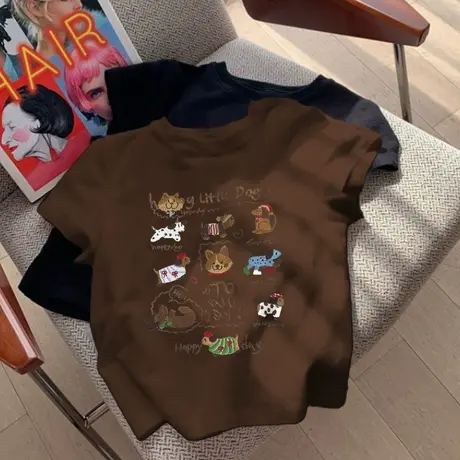 美拉德纯棉正肩短袖t恤女2025新款修身显瘦设计感小众辣妹上衣潮商品大图