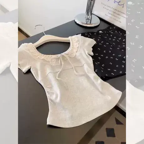 蕾丝花边系带设计感短袖T恤女夏季修身韩版打底衫小个子短款上衣商品大图