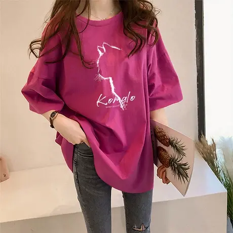 玫红猫咪印花T恤女正肩夏季oversize大码宽松复古风潮ins短袖上衣商品大图