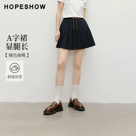 红袖2025秋季新款女装撞色系带松紧腰压褶A字短裙商品大图