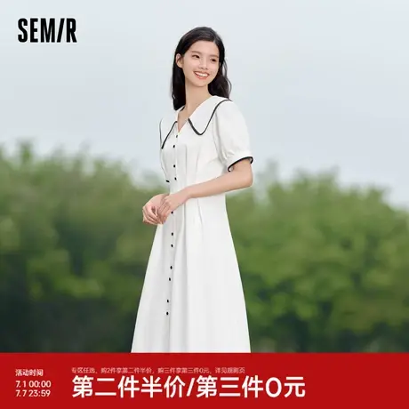 森马连衣裙女纯棉泡泡袖初恋裙2024新款夏撞色大翻领中长裙学院风商品大图
