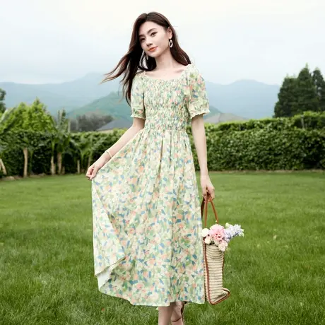 时尚气质连衣裙2024年夏季新款方领显瘦田园风碎花泡泡袖温柔长裙商品大图