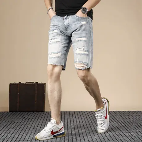 夏季薄款个性破洞补丁牛仔短裤男潮牌中裤5分裤男士修身五分裤潮图片