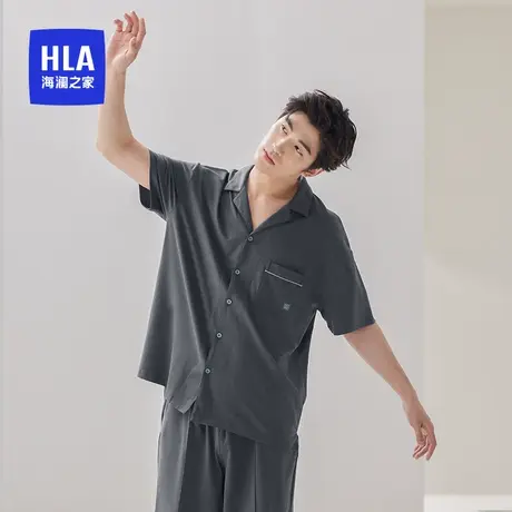 HLA/海澜之家男士翻领短袖短裤棉质可撕领标青年运动家居服套装图片