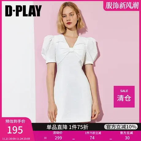 DPLAY夏季新款法式复古泡泡袖蝴蝶结扭领连衣裙商品大图