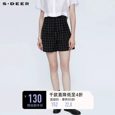 sdeer圣迪奥夏装女装时尚高腰撞色格纹黑色宽松A字短裤S21260904图片
