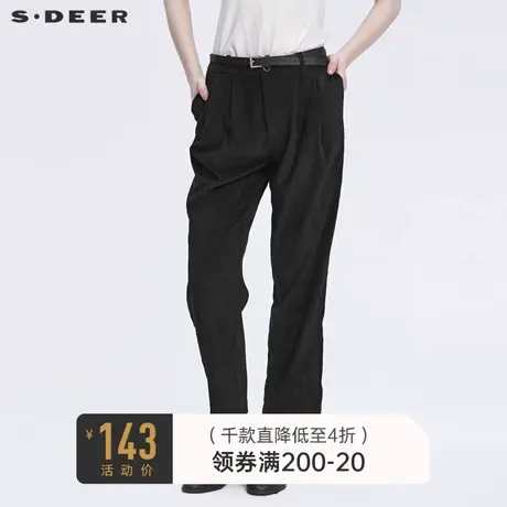 sdeer圣迪奥冬装复古腰带压褶肌理灯芯绒黑色长裤女S21460812图片