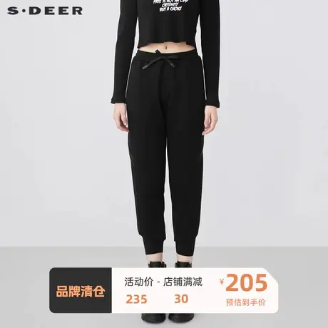 S·DEER圣迪奥女装冬季新运动休闲松紧织带拼接黑色长裤S21480820图片