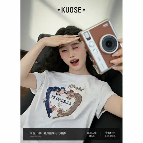 阔色花灰色休闲卡通爱心小狗字母短袖T恤女装2025夏季新款上衣商品大图