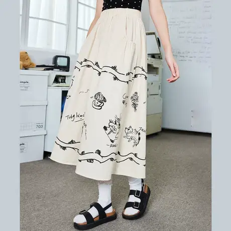 a02手绘重工涂鸦印花猫头伞裙2025春季文艺风高腰休闲半截裙图片