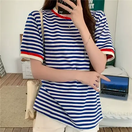 蓝色复古条纹短袖t恤女2025新款夏季学院风设计感正肩宽松上衣ins商品大图