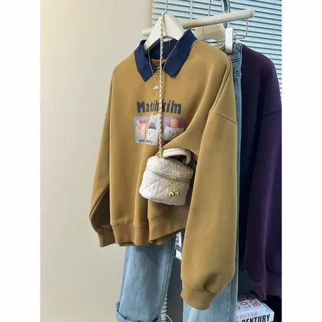 春秋季薄款Polo领长袖卫衣女宽松显瘦百搭韩版拼色设计感小众上衣图片