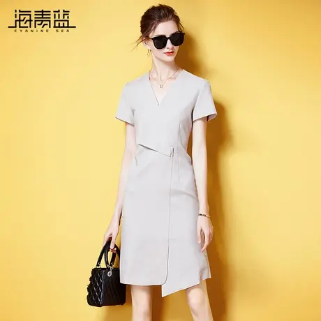 海青蓝名媛气质v领连衣裙女夏季新款时尚简约纯色不规则修身裙子商品大图
